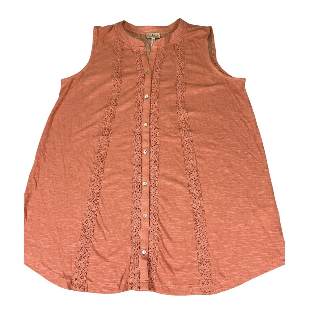 LOGO Lori Goldstein Sleeveless Lace Trim Button Top XS Boho Cottagecore